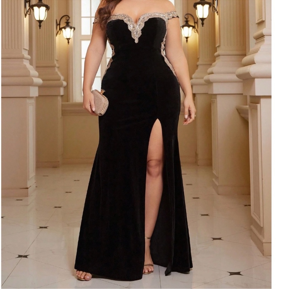 Plus Black Off Shoulder Velvet Party Formal Evening Wedding Dress 1X 2X 3X 4X